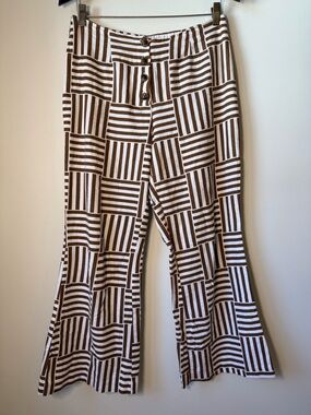 Versona linen blend Brown White Geometric print Flare Pants midrise button fly